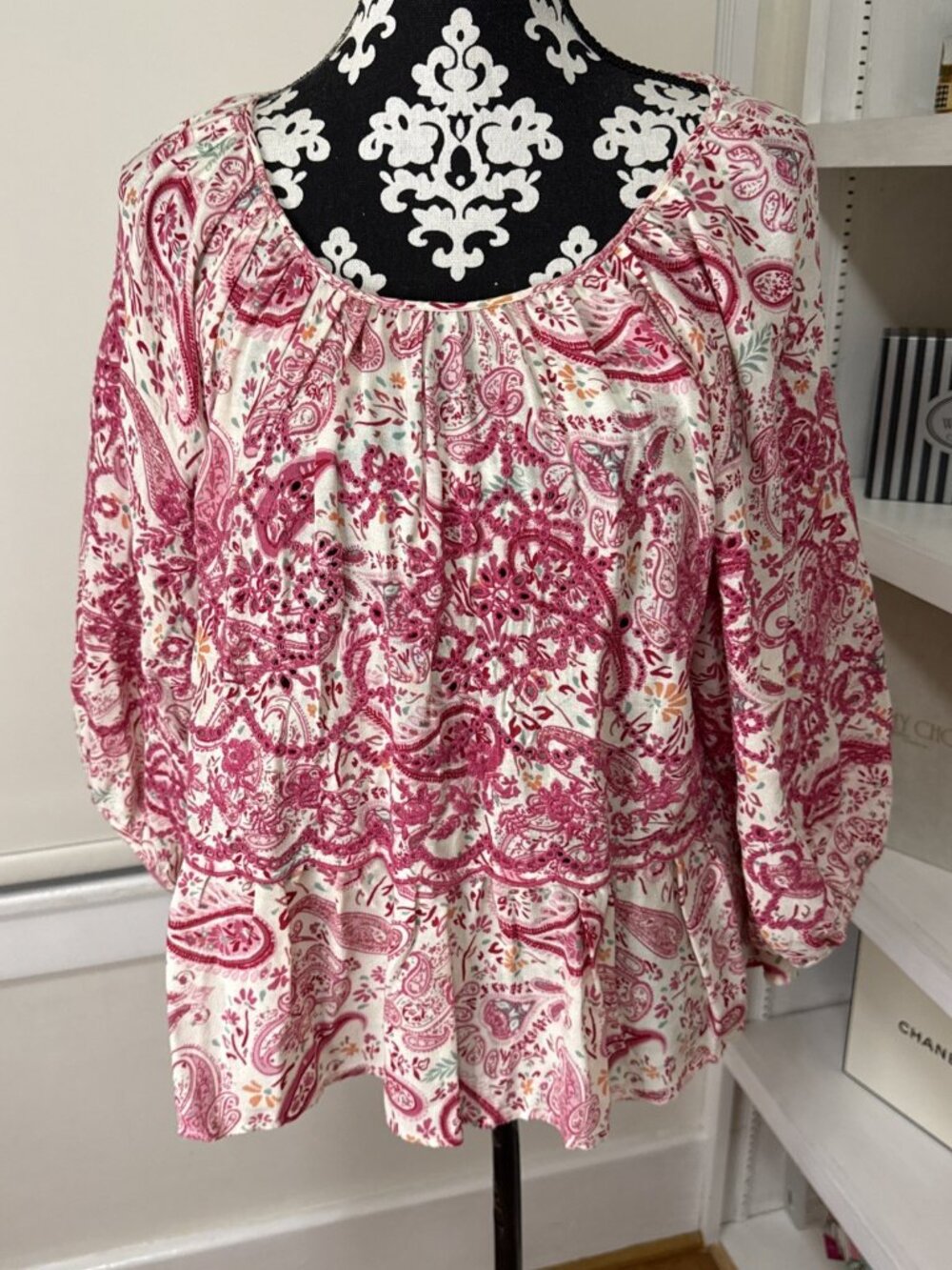 Penelope Rose Pink Paisley Embroidered Eyelet Blouse Top M Shabby Chic Boho